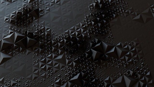 Dark Futuristic Surface with Tetrahedrons. Black, Abstract 3d Background.