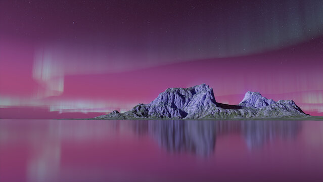 Rocky Mountains with Aurora Borealis. Magenta Sky Background with copy-space.