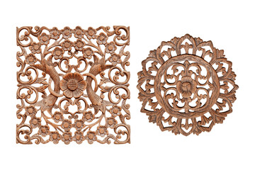 Pattern of flower carved on wood isolated on white background with clipping path include for design...