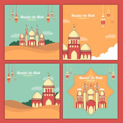 Birthday greeting card set of Prophet Muhammad SAW.Illustration
 Arabic Islamic Maulid Al-Nabi al-Sharif on pink background.