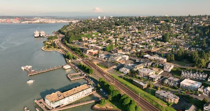 Late Afternoon Light Aerial View Tacoma Washington Thea Foss Waterway Mt Rainier USA