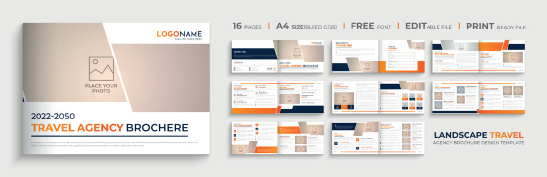 16 Pages modern landscape travel agency brochure template design