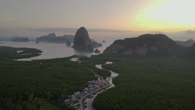 aerial view mountains. smed nangshe Phang Nga national park in Thailand. Tropical nature drone shot.top view move forword