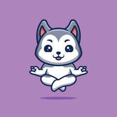 Husky Sitting Meditation Cute Creative Kawaii Cartoon Mascot Logo