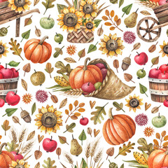 Autumn watercolor seamless pattern with ripe pumpkins, apples, cornucopia and sunflower flowers. Thanksgiving, harvest festival seamless pattern. Texture for wallpapers, scrapbooking, textiles, fabric