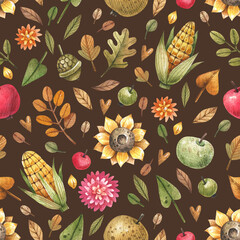 Autumn watercolor seamless pattern with ripe fruits, flowers and yellow leaves. Ripe apples, sunflowers, corn, acorns, autumn leaves on a brown background seamless pattern.