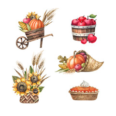 Watercolor clipart Thanksgiving decor. Watercolor illustrations of a basket, cart with pumpkins, vegetables, sunflowers, cornucopia and pumpkin pie. Autumn decor, harvest festival, gifts of nature. - obrazy, fototapety, plakaty