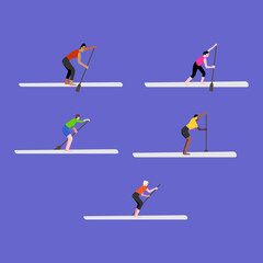 Fototapeta na wymiar Supsurfing. Women stand on a board with a paddle in various positions. Vector flat illustration. Isolated image.