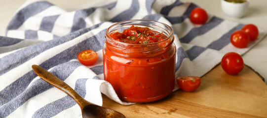 Jar of tasty tomato sauce on table