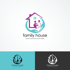 family smile at home logo vector icon illustration, happy family with hom