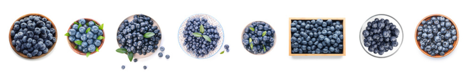 Set of ripe blueberry isolated on white, top view