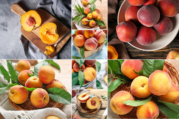 Fototapeta na wymiar Collage with sweet ripe peaches