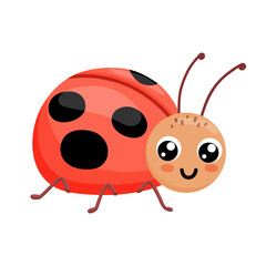 Cute smiling ladybug isolated on white background. Funny insect for children. Flat cartoon vector illustration