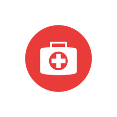 medical briefcase symbol. red circle white suitcase white cross. white healing symbol on red circular background.  m&eacute;dico maleta. c&iacute;rculo vermelho cruz branca. s&iacute;mbolo da cura branco fundo vermelho.