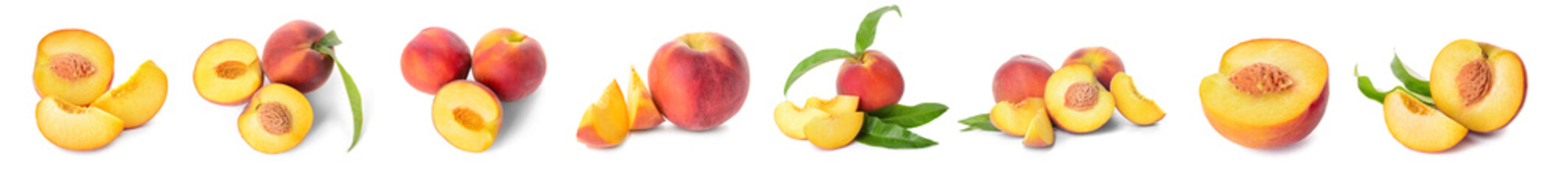 Set of ripe peaches isolated on white