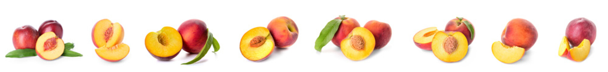 Set of ripe peaches isolated on white