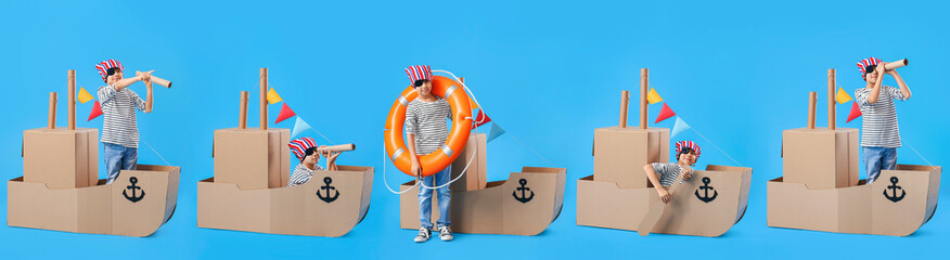 Set of little boy playing with cardboard ship on blue background