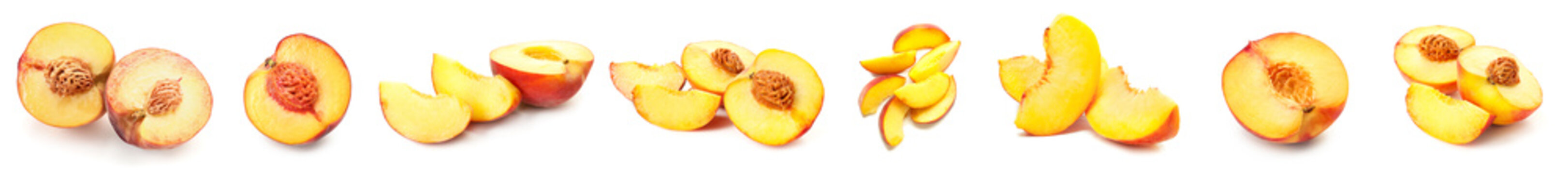 Set of ripe cut peaches isolated on white