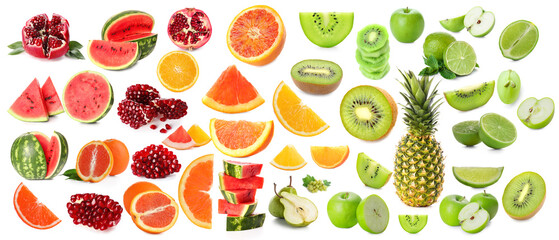 Many different ripe fruits isolated on white