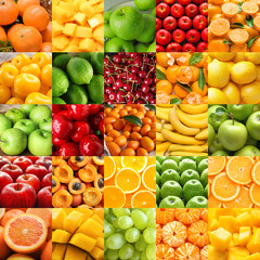 Collage with many different ripe fruits