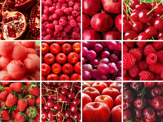 Collage with many ripe red fruits and berries
