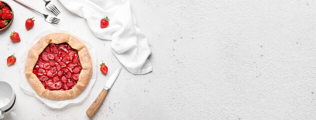 Delicious strawberry galette on light background with space for text