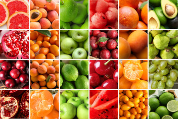 Collage with many different ripe fruits and berries