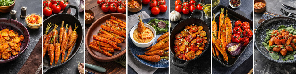 Collage of tasty cooked carrots on dark background, closeup