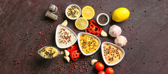 Bowls with different sauces and ingredients on dark background, top view