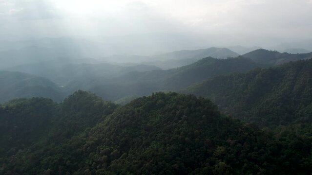 Drone shot flying over beautiful mountain ridge and clouds in rural jungle bush forest .Tree tops against sunny sky.