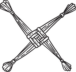 Brigid's Cross made of straw hand-drawn doodle isolated icon. Wiccan pagan sketched symbol. Isolated vector element, Hand drawn lineart illustration for prints, designs, cards.