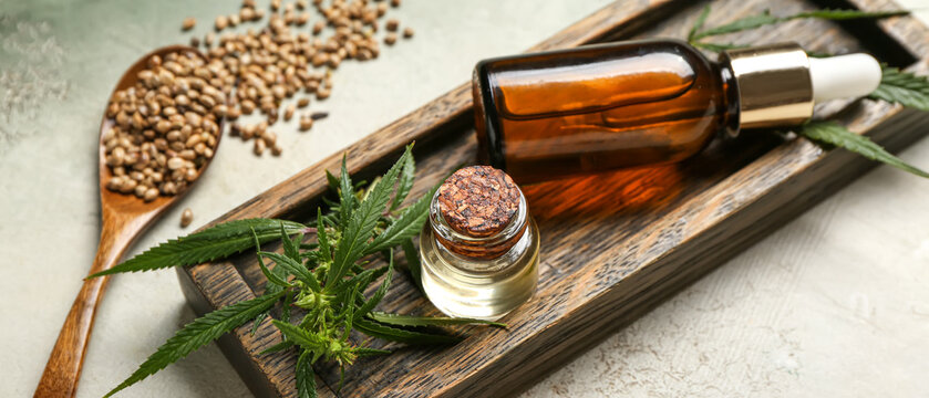 Bottles of healthy hemp oil and seeds on grunge background, closeup