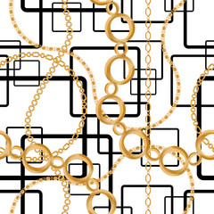 Seamless pattern decorated with precious stones, gold chains and pearls.	