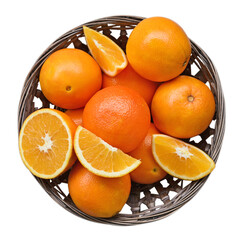 raw oranges and tangerines in a basket isolated on white background, clipping path, organic, agriculture, nature, healthy eat