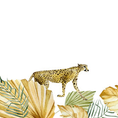 Beautiful animal composition banner with hand drawn watercolor cute cheetah in tropical boho dried floral leaves,  branches. Safari kids design, wedding invitation. Stock illustration