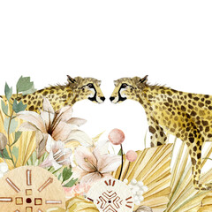 Beautiful animal composition border with hand drawn watercolor cute cheetah in tropical boho dried floral and flower, leaves,  branches. Safari kids design, wedding invitation. Stock illustration - 521345179