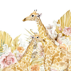 Beautiful animal weddign card with hand drawn watercolor cute giraffe in tropical boho dried floral and flower, leaves,  branches. Safari kids design, wedding invitation. Stock illustration - 521345180