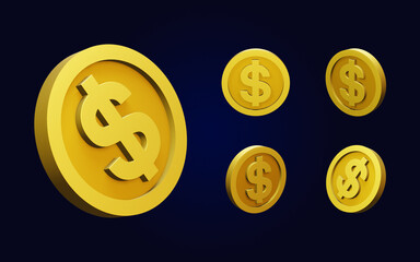 Set of golden Dollar coins from various angles and views on isolated background, 3D Illustration