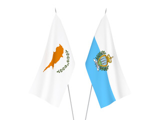 National fabric flags of San Marino and Cyprus isolated on white background. 3d rendering illustration.