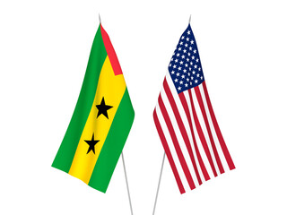 National fabric flags of America and Saint Thomas and Prince isolated on white background. 3d rendering illustration.