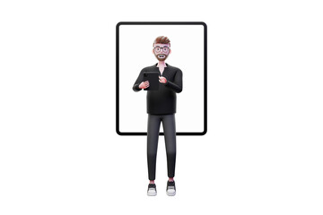 3D Character Office Man Black Outfit Presenting with ipad