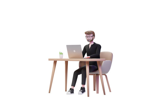 3D Character Office Man Black Outfit Sit infront Of Laptop