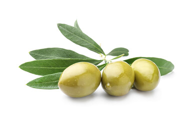 Tasty canned green olives isolated on white