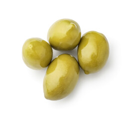 Tasty canned green olives isolated on white