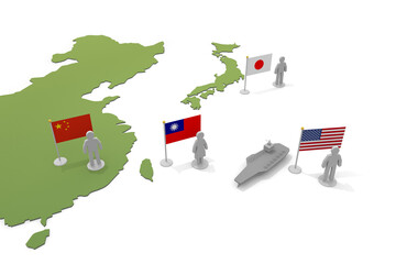 Taiwan, China, America and Japan. World map and relationships. flags and people.