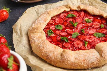 Delicious strawberry galette on table, closeup