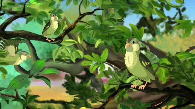 Small green forest birds on a tree branch. Handmade animated looped HD footage