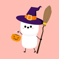 Marshmallow cartoon. marshmallow character design. Marshmallow in a witch hat. Halloween dessert. Halloween party.