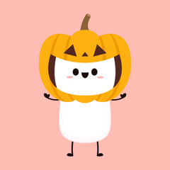 Marshmallow cartoon. marshmallow character design. Marshmallow in a Pumpkin hat. Halloween dessert. Halloween party.