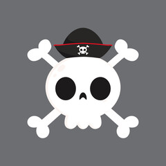 Black Skull on dark blue background. Skull icon. Halloween icon. Skull in a Pirate hat. 